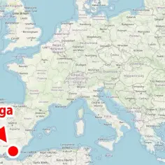 Gdzie jest Malaga? Na mapie Europy, na południu Hiszpanii, zaznaczona czerwoną strzałką.