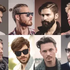 Kompilacja popularnych fryzur męskich: od klasycznych cięć po nowoczesne stylizacje z brodą i man bun.