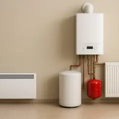 Nowoczesny system ogrzewania elektrycznego: kocioł, zasobnik, grzejnik i panel ścienny.