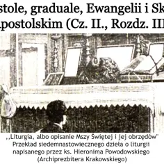 Ołtarz z księgami, duchowny w ornacie. Tekst wspomina o epistole, graduale i Ewangelii, kluczowych elementach liturgii.