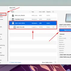 Gdzie znaleźć pendrive na Macu? W Disk Drill, w sekcji "Storage Devices", zaznaczony jest "USB FLASH DRIVE".