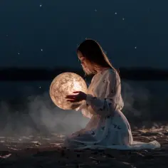 Dziewczyna w białej sukni klęczy na plaży, trzymając w dłoniach świecącą kulę przypominającą pełnię księżyca. Wokół unosi się mgła, a na nocnym niebie migoczą gwiazdy. Czyżby to czas na księżycowe zaklęcia?