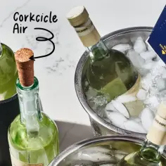 Butelki białego wina w wiaderku z lodem i solą, obok chłodziarki Vacu Vin.