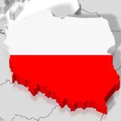 Mapa Polski z flagą narodową. Polska ma najdłuższą granicę z Niemcami, Czechami i Słowacją.