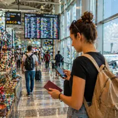 Kobieta z plecakiem i paszportem w ręku sprawdza telefon na lotnisku. W tle widać sklep z pamiątkami i samolot Turkish Airlines. To idealne miejsce, by poczuć klimat Turcji, nawet przed podróżą.