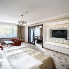 Wygodny pokój hotelowy z dużym łóżkiem, kanapą, fotelem i TV. Sprawdź, ile kosztuje doba w hotelu Gołębiewski.