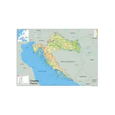 Fizyczna mapa Chorwacji, kraju sąsiadującego z Chorwacją, z zaznaczonymi miastami, rzekami i ukształtowaniem terenu.