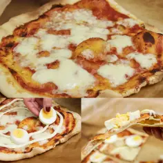 Pizza na cienkim, chrupiącym cieście z serem i jajkiem.