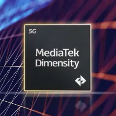 Chip MediaTek Dimensity 5G z logo, otoczony futurystyczną siatką i światłami.
