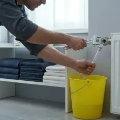 Mężczyzna używa klucza do spuszczenia wody z centralnego ogrzewania do żółtego wiadra.