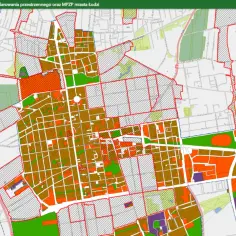 Mapa przedstawia studium zagospodarowania przestrzennego miasta Łodzi z podziałem na tereny zabudowy, zieleni i inne.