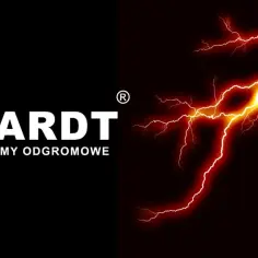 Logo HARDT SYSTEMY ODGROMOWE obok wyładowań atmosferycznych. Złącze kontrolne uziemienia chroni przed piorunami.