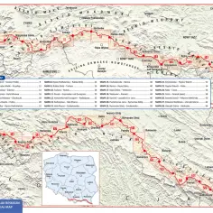 Mapa przedstawia przebieg Głównego Szlaku Beskidzkiego, z zaznaczonymi odcinkami i miejscowościami.