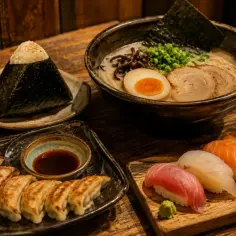 Pyszne japońskie jedzenie: onigiri, ramen, gyoza i sushi. Idealna uczta dla smakoszy.