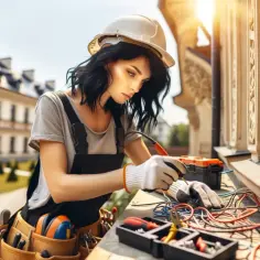 Kobieta w kasku i ogrodniczkach pracuje przy przewodach, narzędzia i skrzynka leżą obok. W tle budynek, słońce. To praca związana z elektrotechniką.
