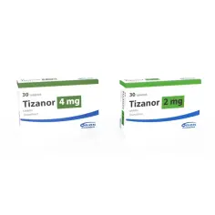 Dwa opakowania leku Tizanor: 4 mg i 2 mg, po 30 tabletek każde, od Orion Pharma.