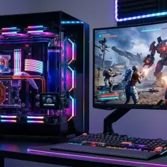 Gamingowy PC z podświetleniem RGB i monitor grający w Arc Raiders. Sprawdź, czy Twój sprzęt spełnia arc raiders wymagania, by cieszyć się tą grą!