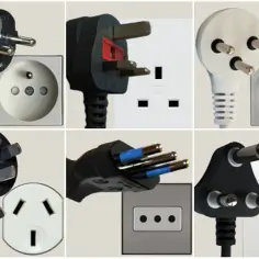 Różne rodzaje wtyczek i gniazdek elektrycznych, w tym te używane we Włoszech.