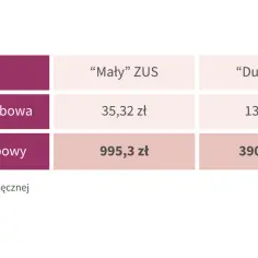 Tabela porównuje koszty składek ZUS i zasiłków chorobowych dla "Małego" i "Dużego" ZUS. Pokazuje, czy od zasiłku chorobowego płaci się składki ZUS.