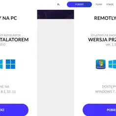Strona z opcjami pobierania programu do zdalnego dostępu. Dostępne wersje: z instalatorem i przenośna. Obsługiwane systemy: Windows 7, 8.1, 10, 11.