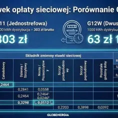 Porównanie taryfy G11 i G12w: G11 kosztuje 303 zł za 1000 kWh, G12w 63 zł. Tabela pokazuje stawki sieciowe.