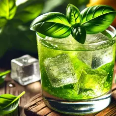 Orzeźwiający drink z bazylią, lodem i cytryną na drewnianym blacie.