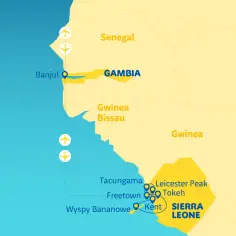 Mapa Afryki Zachodniej. Gdzie leży Sierra Leone? Między Gwineą a Gwineą Bissau, na wybrzeżu Atlantyku.
