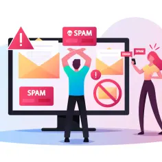 Osoba zrezygnowana przed monitorem pełnym powiadomień o SPAMie. Kobieta z telefonem w ręku też widzi SPAM.