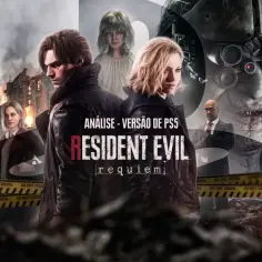 Leon i Ashley w tle płonącego budynku, zapowiedź nowego Resident Evil. Złowrogi potwór i taśma "Do Not Cross" sugerują mroczną przygodę.