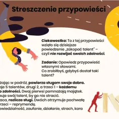 Streszczenie przypowieści o talentach: Pan powierza sługom dobra, dwaj pomnażają majątek, trzeci zakopuje talent. Dwóch chwalonych, jeden reprymendowany.