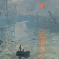 Mglisty port, łódka z wioślarzem i czerwone słońce. Klasyczne impresjonizm obrazy oddające atmosferę chwili.