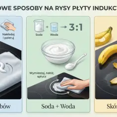Domowe sposoby na rysy z płyty indukcyjnej: pasta do zębów, soda z wodą, skórka banana.