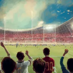 Widok z trybun stadionu piłkarskiego na mecz, z kibicami wznoszącymi ręce.