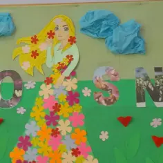 Wiosna w pełni! Kolorowa pani Wiosna, słońce i motyle witają pierwszy dzień wiosny.