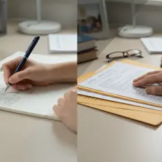 Ręka pisze w zeszycie, druga spoczywa na dokumentach. Czy szkoła zawodowa liczy się do emerytury?