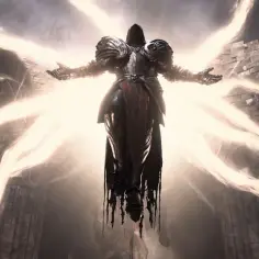 Mroczny wojownik w zbroi unosi się w blasku, gotowy do walki w Diablo 4 crossplay.