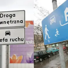 Znaki drogowe informują o wjeździe do strefy ruchu. Widać symbol samochodu, pieszych i domku.