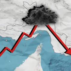 Mapa Iranu z chmurą wybuchu i czerwoną strzałką wskazującą na południe. Symbolizuje to potencjalny konflikt, pytając dlaczego USA atakuje Iran.