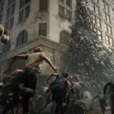 Tłum zombie wspina się po budynku, próbując dostać się do ocalałych. Scena z gry World War Z.