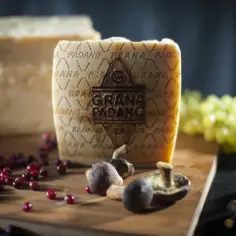 Kawałek Grana Padano, grzyby i żurawina na desce. Czy grana padano się rozpuszcza? Nie, to tylko światło.