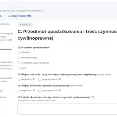 Formularz PCC-3 online, sekcja C: przedmiot opodatkowania i treść czynności cywilnoprawnych. Wypełnianie deklaracji podatku od czynności cywilnoprawnych, np. przy zakupie samochodu.