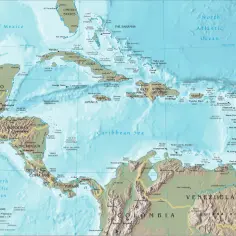 Mapa pokazuje, gdzie leży Morze Karaibskie, otoczone przez Kubę, Jamajkę, Haiti, Dominikanę, Portoryko, Małe Antyle, Amerykę Środkową i północną część Ameryki Południowej.