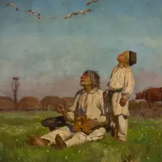 Dwaj mężczyźni w strojach ludowych patrzą w niebo, gdzie lecą ptaki. Obraz w stylu naturalizmu ukazuje wiejski krajobraz z chatami i bydłem.