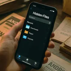 Dłoń trzyma smartfon z otwartą aplikacją "Hidden Files", pokazującą foldery "Downloads", "Pages", "Keynote".