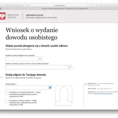 Formularz online OBYWATEL.GOV.PL do złożenia wniosku o wydanie dowodu osobistego. Wybierasz powód, urząd odbioru i dodajesz zdjęcie.