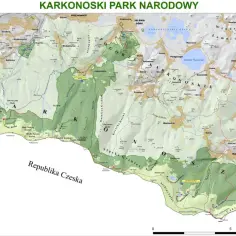 Mapa Karkonoszy, gdzie leżą, z zaznaczonymi szlakami, ekosystemami i miejscowościami.