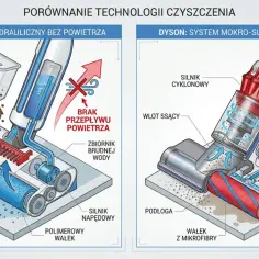 Ilustracja porównująca działanie odkurzacza Hizero (system hydrauliczny) i Dyson (system mokro-suchy z cyklonem).