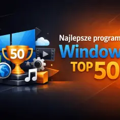 Najlepsze programy do Windows TOP 50. Ikony: puchar, tarcza, lupa z globusem, nuta, chmura, koło zębate, odtwarzacz wideo.