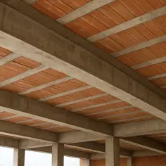 Betonowy strop z pustakami ceramicznymi, widok od dołu. Konstrukcja w trakcie budowy.