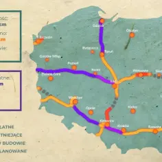 Mapa Polski z zaznaczonymi płatnymi autostradami (fioletowe), istniejącymi (pomarańczowe), w budowie (czerwone) i planowanymi (szare).